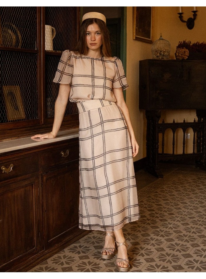 Flared midi skirt in chiffon with checkered print