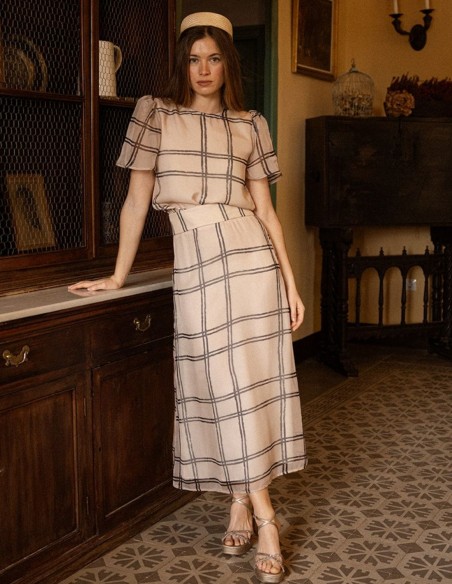 Flared midi skirt in chiffon with checkered print