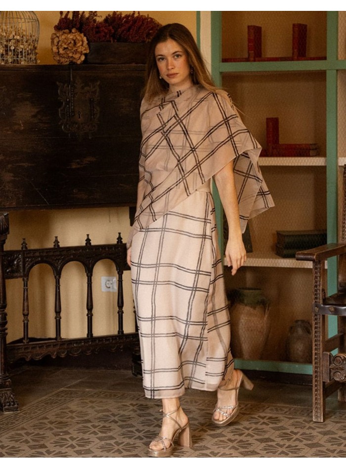 Flared midi skirt in chiffon with checkered print