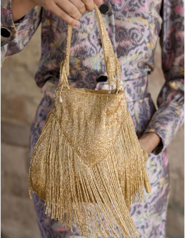 Sac à franges doré fait à la main avec des franges dorées