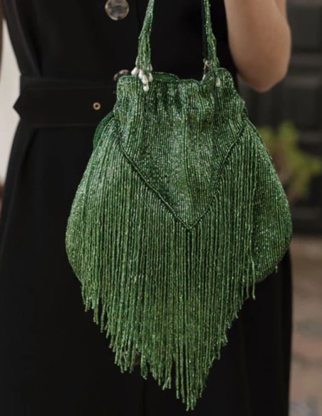 Green beaded and fringed bowler bag with beads and bangs