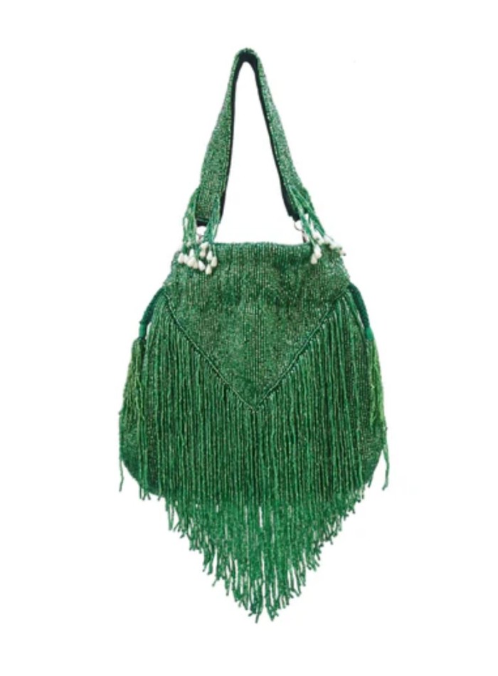 Bolso bombonera con abalorios y flecos en color verde