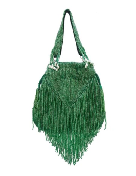 Bolso bombonera con abalorios y flecos en color verde