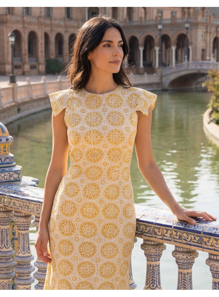 Yellow midi dress with embroidery for guests