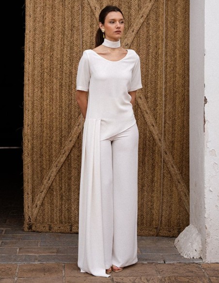 Pantalon écru avec fermeture éclair au dos