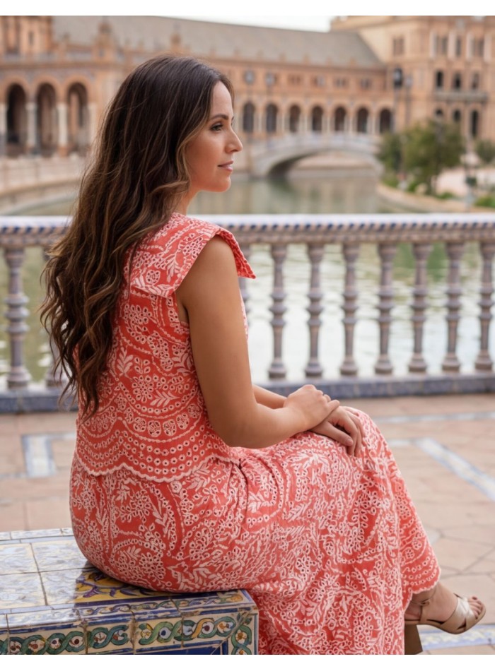 Structured two-piece set in coral with white...