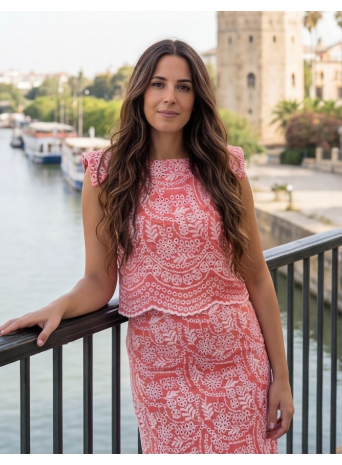 Structured two-piece set in coral with white...