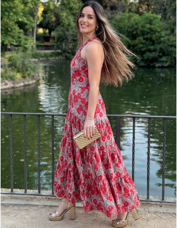 Robe midi dos nu à imprimé floral dans les tons rouges