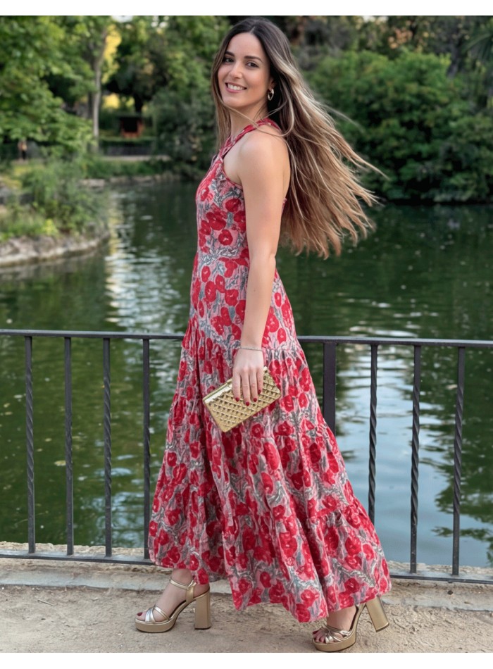 Robe midi dos nu à imprimé floral dans les tons rouges