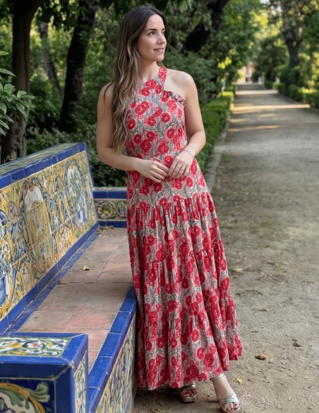Robe midi dos nu à imprimé floral dans les tons rouges