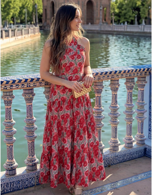 Floral Print Midi Halter Dress in red tones 2