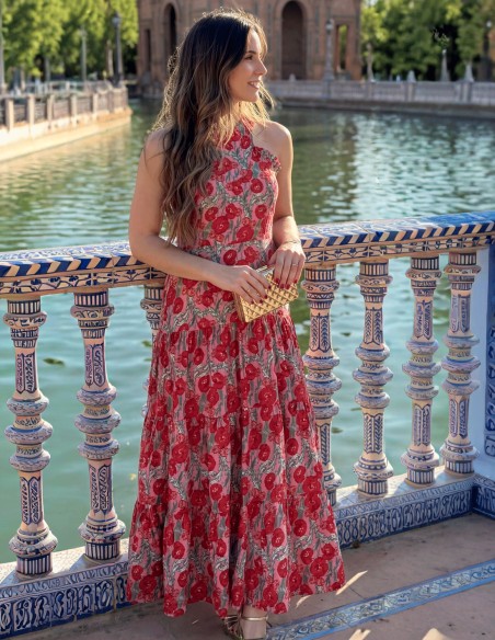 Floral Print Midi Halter Dress in red tones