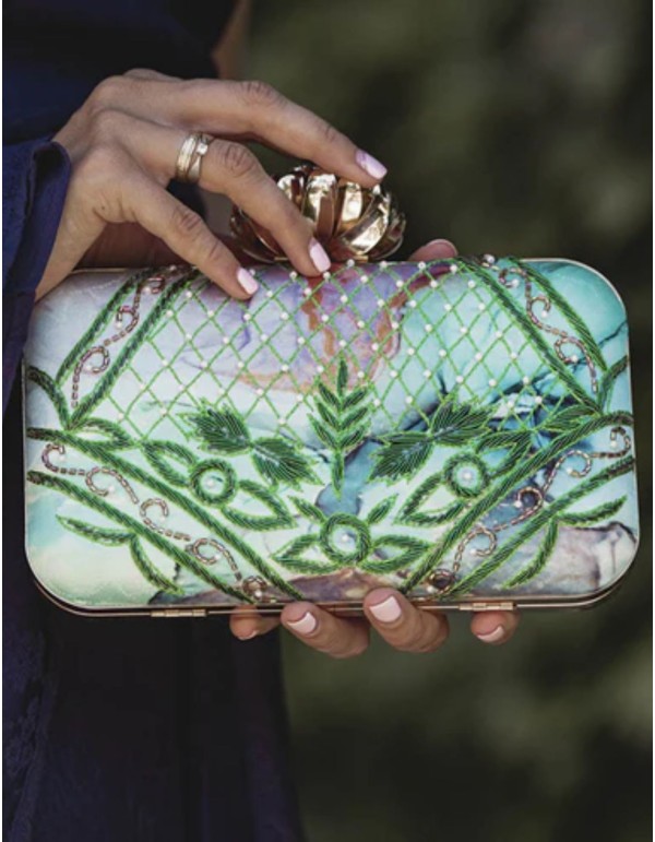 Guest handbag in green tones with printed fabric and...