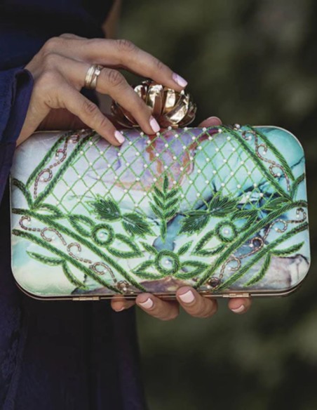 Guest handbag in green tones with printed fabric and embroidery