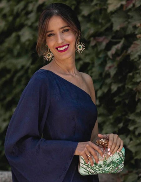 Bolso de invitada en tonos verdes con tela estampada y bordado