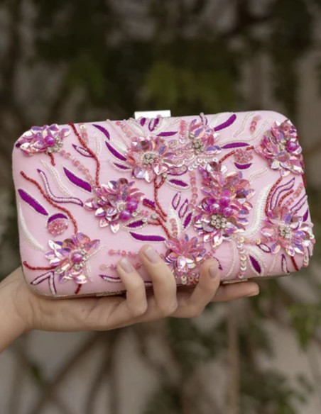 Pink guest handbag with bougainvillea bead detailing