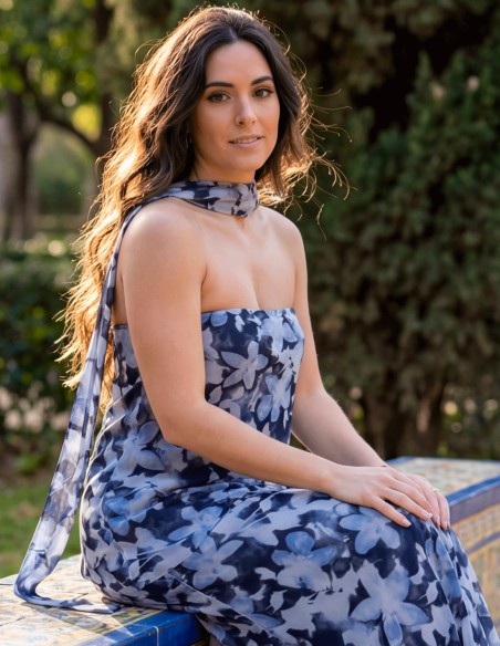 Robe sans bretelles à imprimé floral avec châle assorti