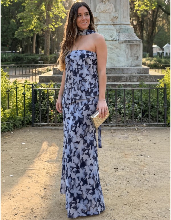 Strapless floral print dress with matching shawl 2