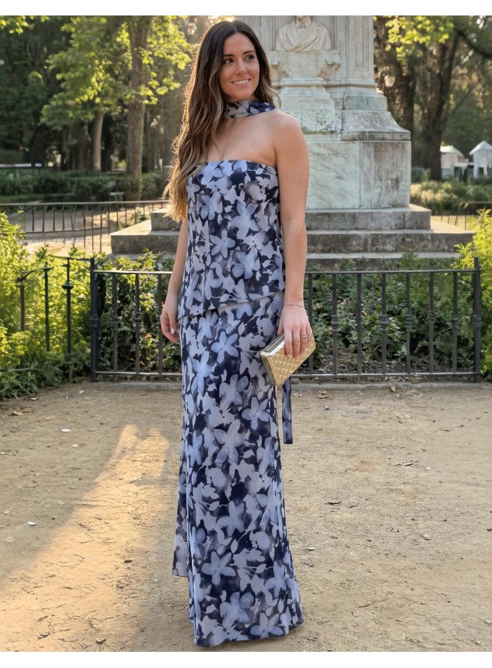 Strapless floral print dress with matching shawl