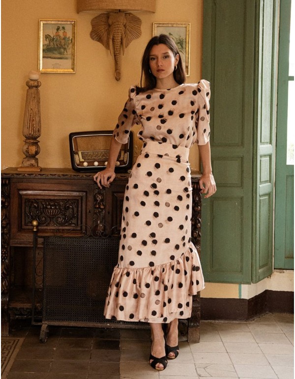 Midi skirt with polka dot print and ruffled hemline 2