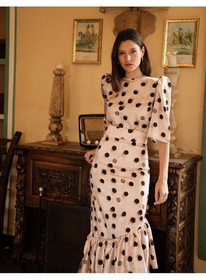 Midi skirt with polka dot print and ruffled...