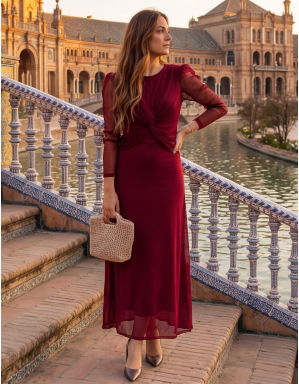 Burgundy midi dress with ruching and chiffon sleeves