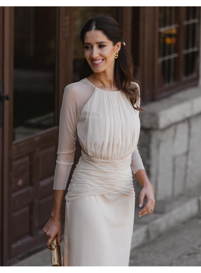 Midi dress with closed neckline and sheer...