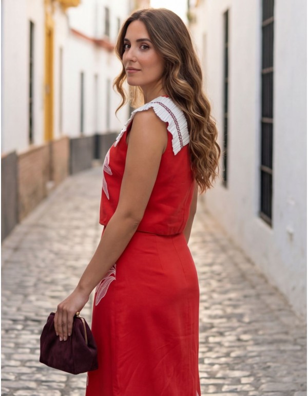 Coral two-piece ensemble with structured top and midi skirt 2