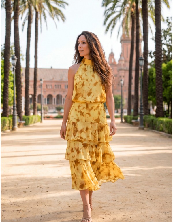 Ensemble d'invités à fleurs jaunes avec jupe midi