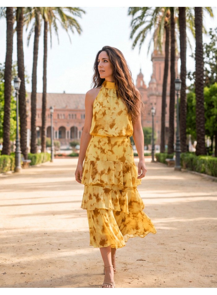Conjunto de Invitada Amarillo Floral con Falda Midi