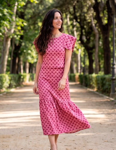 Printed Guest Set with Midi Skirt and Short Sleeves