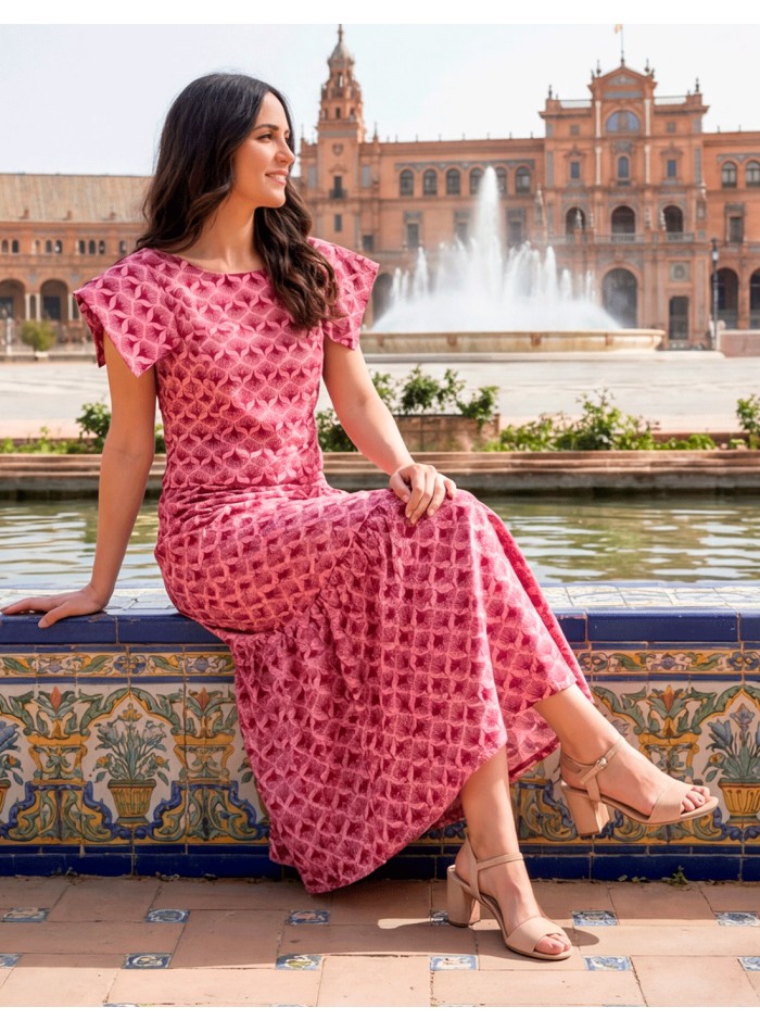 Elegant and flattering printed guest ensemble for daytime wedding guests in Spain