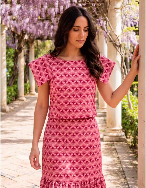 Printed Guest Set with Midi Skirt and Short Sleeves