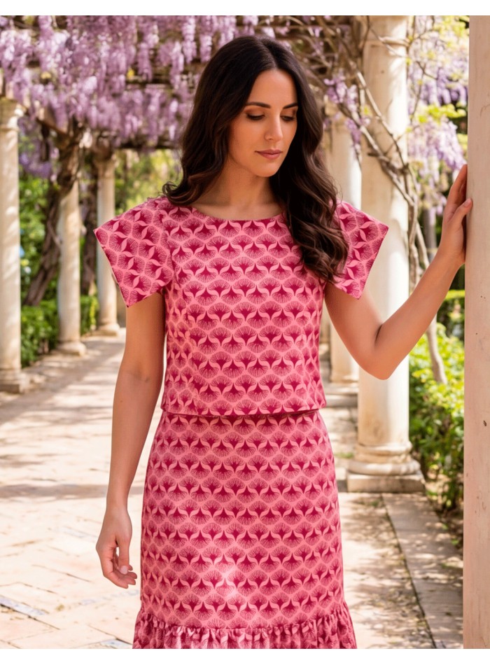 Printed Guest Set with Midi Skirt and Short Sleeves