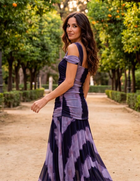 Lilac Shades of Purple Printed Midi Dress for Wedding Guests