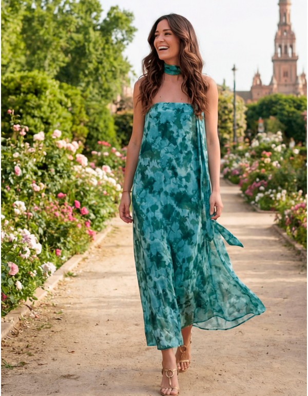 Robe midi sans bretelles en vert imprimé avec foulard assorti.