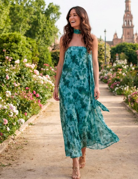 Vestido midi palabra de honor en verde estampado con foulard a juego. Ligero, elegante y muy favorecedor.