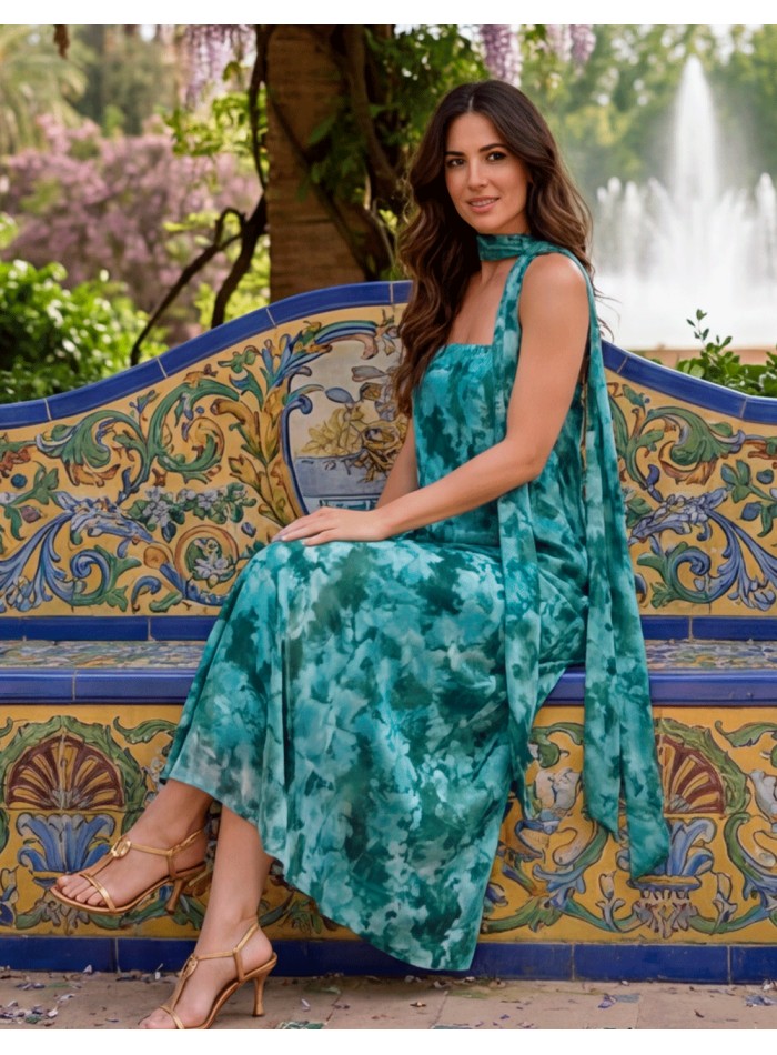 Strapless midi dress in green printed with matching foulard. Lightweight, elegant and very flattering.