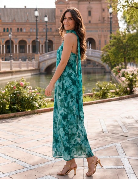 Vestido Midi Verde Estampado Palabra de Honor con Foulard