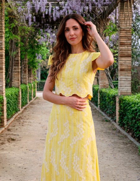 Yellow embroidered wedding guest ensemble