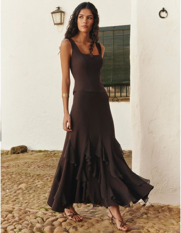 Brown midi skirt with asymmetrical chiffon ruffles