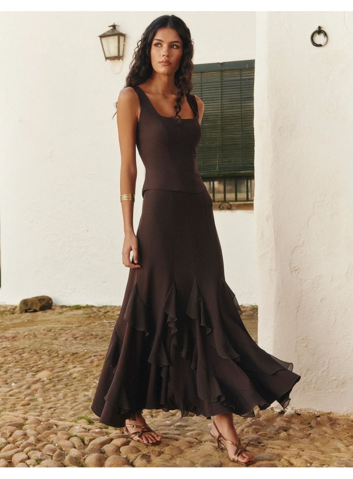 Jupe midi marron avec volants asymétriques en...