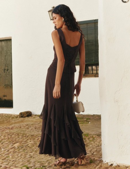 Brown midi skirt with asymmetrical chiffon ruffles
