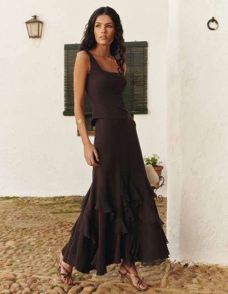 Jupe midi marron avec volants asymétriques en mousseline de soie