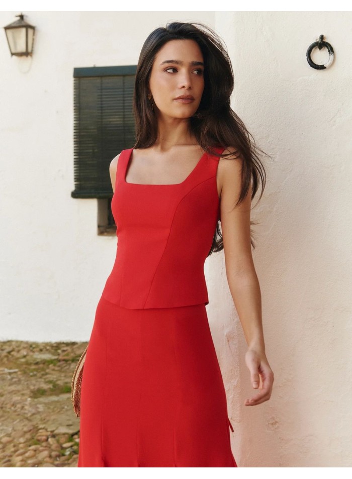 Red corseted top with square neckline