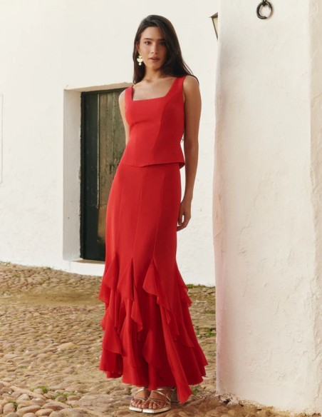 Red corseted top with square neckline