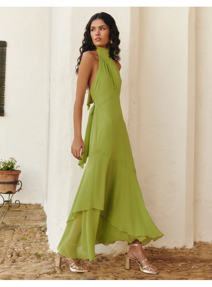 Robe midi verte avec encolure licou volantée et...