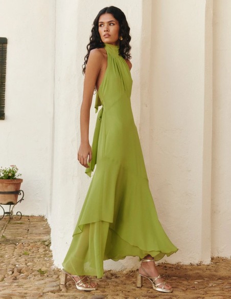 Green midi dress with ruffled halter neckline and open back