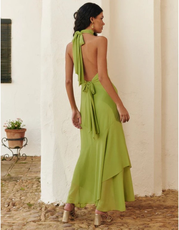 Green midi dress with ruffled halter neckline and open back 2
