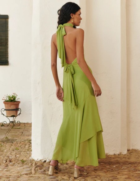 Green midi dress with ruffled halter neckline and open back
